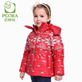 PCORA Winter Jacket for Girls Outwear Coat Children Clothing Winter Zip Detachable Cap and Belt Red