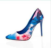 Women summer spring satin new thin high heels hot sale printing flowers classic high quality pointed