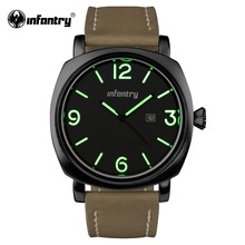 INFANTRY Mens Quartz-watch Black Stainless Steel Watches Nightvision Male Clock Genuine Leather Strap Relogio Masculino 2016