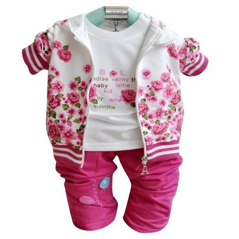 2016 new Baby children girls clothing sets suits kids 3pcs coat hooded+shirt+pant trousers baby