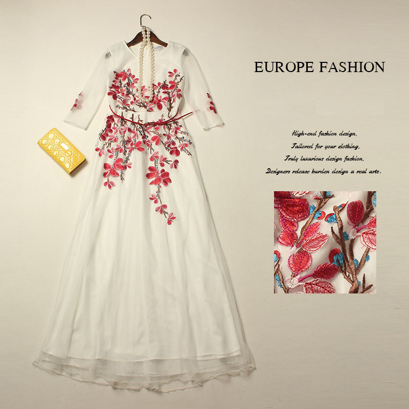 Luxury Dress 2016 Summer Fashion Runway Brand Full Sleeve Belt Flower Embroidery Mesh Slim White Long Princess Dress Women