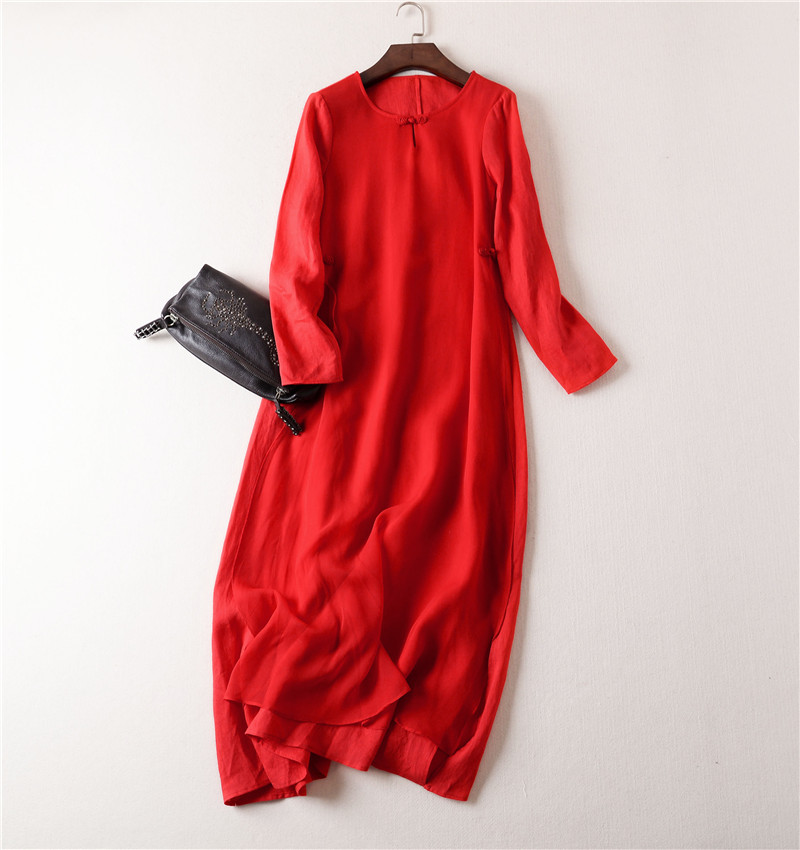 Chinese Style Red Silk Linen Dress 2016 New Arrival Spring Long Sleeve Dress Casual Women Long Dress Robe Ete Femme 2016