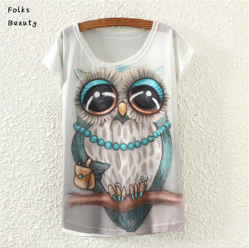 Printed T Shirt Women Brand 2015 Summer Tops Ropa Mujer Animal Owl Print T shirt White