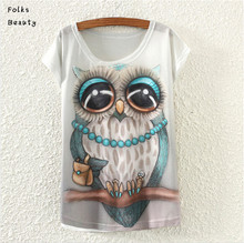 Printed T Shirt Women Brand 2015 Summer Tops Ropa Mujer Animal Owl Print T shirt White