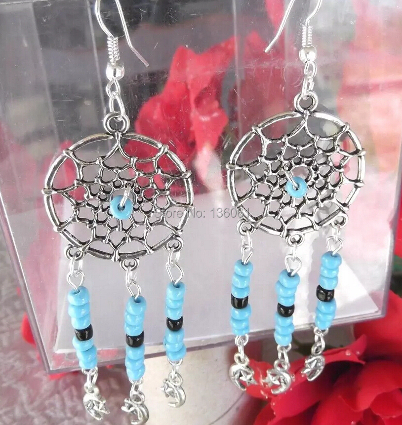 Vintage Silver Dream Catcher Blue Bead Moons &Stars Charms Long Dangle Earrings For Woman Brand Jewelry DIY 50 Pair Fashion Q683