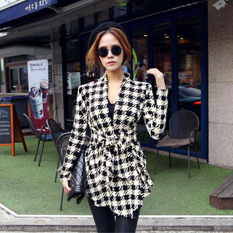 2015 Fashion Plus Size Spring Women s Long Sleeve Plaid Print Open Stitch Belt Peplum Slim
