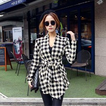 2015 Fashion Plus Size Spring Women s Long Sleeve Plaid Print Open Stitch Belt Peplum Slim
