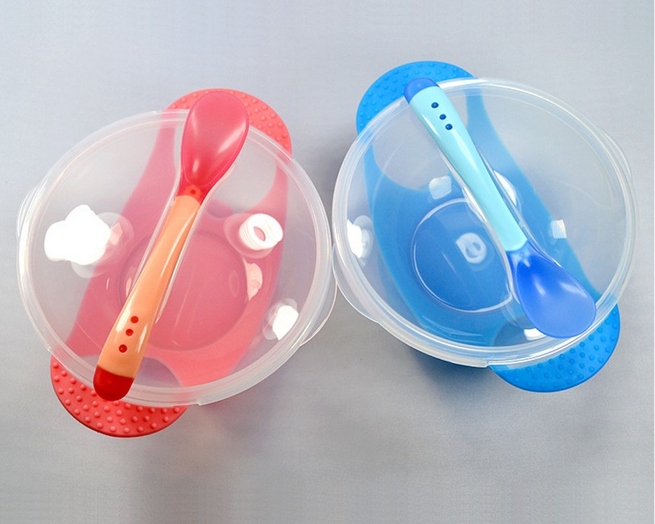 New 1Set 2Pcs Baby Spoon Bowl Learning Dishes With Suction Cup Assist food Bowl Temperature Sensing