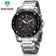 Nueva moda de WEIDE 6 manos Day Date / 24 H pantalla de calendario acero inoxidable completa Mens Sports suizo del cuarzo del reloj 30 M impermeable