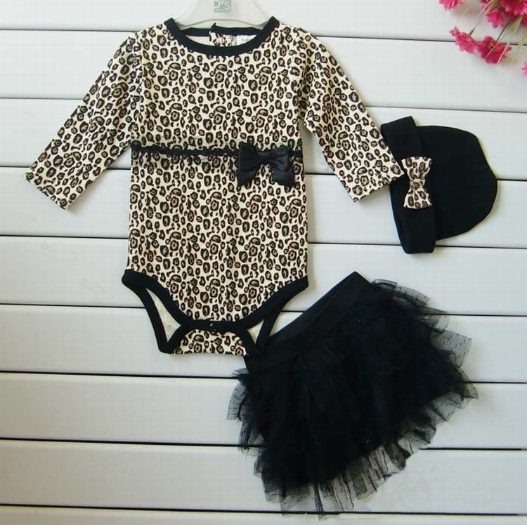 Leopard Baby Girl Clothes 3 PC Sets Long Sleeved Rompers Tutu Skirt font b Dress b