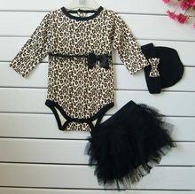 Leopard Baby Girl Clothes 3 PC Sets:Long Sleeved Rompers + Tutu Skirt Dress+Headband(hat) Autumn Kids Girls Clothing Suit
