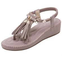 Fashion Flip Flops 2016 Summer Bohemia Thick Heel Tassel Sandals Flats Ankle Strap Womens Beach Shoes Plus Size 225-250mm