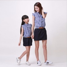 2016 Mother daughter matching dresses summer style mommy and me clothes women Belt dress skirtsFamily Clothing Set 2 colors K6