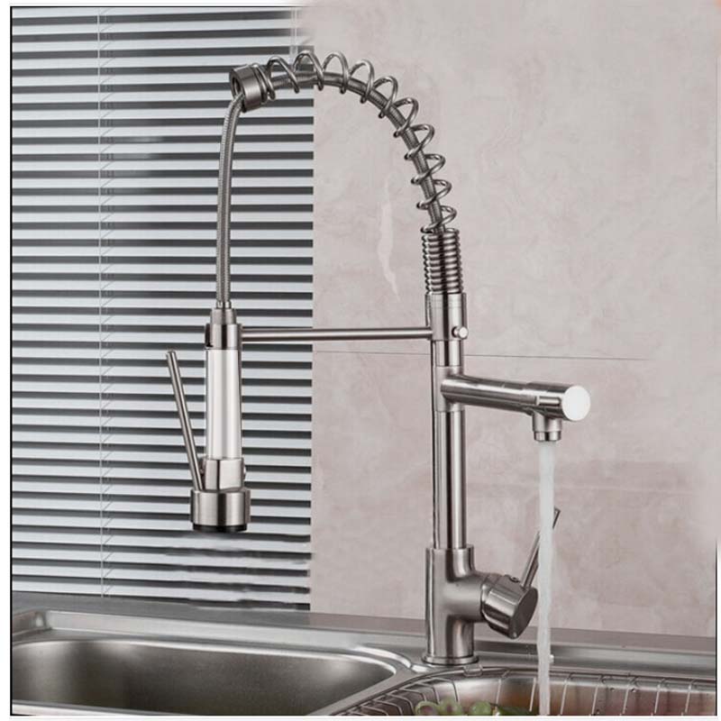 Luxury Brushed Nickel Kitchen Faucet Spring Vessel Sink Bar Mixer Tap Single Handle Hole Dual Sprayer Deck Mounted