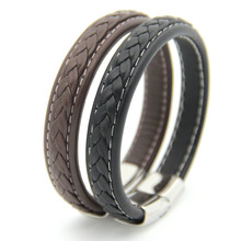 Stainless Steel Bracelets Bangles Men Gift Black Genuine Leather Men’s Bracelets Knitted Magnetic Clasp Fashion Jewelry