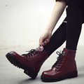 Hot Women Lace Up Martin Boots Ladies Brand Flat Shoes Winter warm plus velvet Leather surface