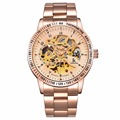 2016 News Men Automatic Mechanical Watch Self Wind Skeleton Hollow Fashion Retro Rose Gold Steel Strap