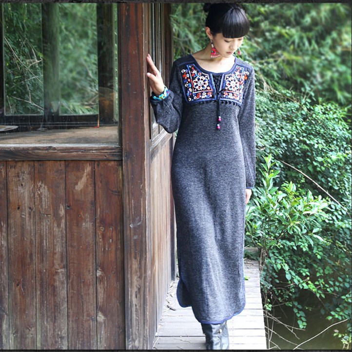 Здесь можно купить  DN Brand Spring Autumn Vintage Ethnic Long Sleeve Dress Sunday Angora Yarns Luxury Handmade Embroidery Elegant Knit Long Dress  Одежда и аксессуары