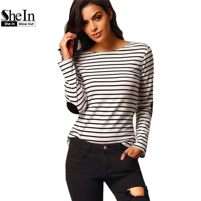 Shein девушку широкий топы 2016 нью-тис с длинным рукавом черный и белый локоть патч полосатый футболку основные дешевые футболка