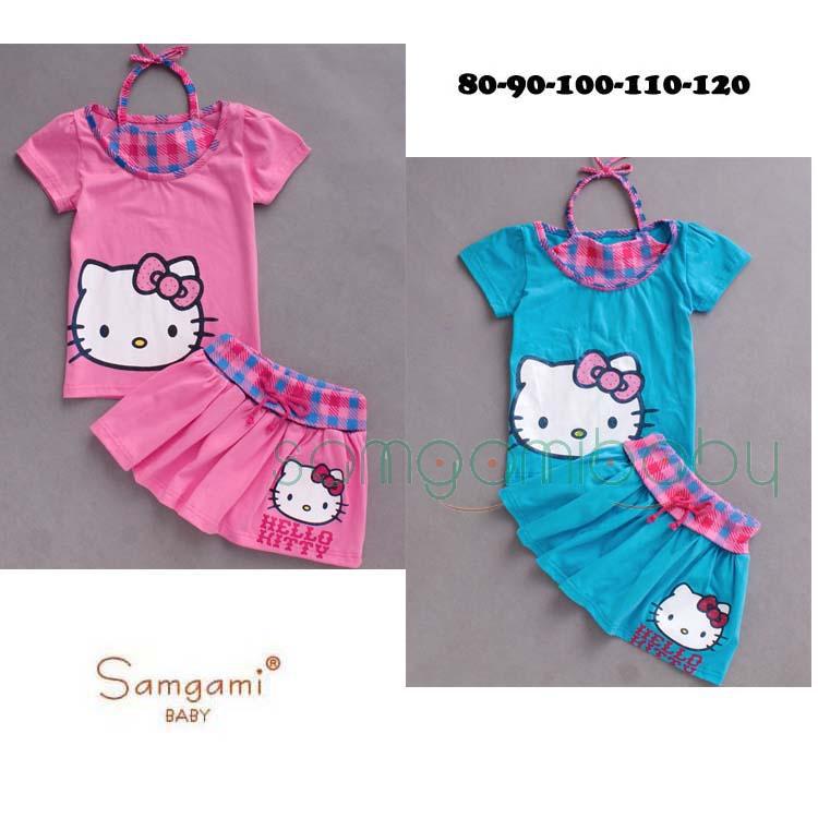New kids clothes baby cotton hello kitty cartoon pink / blue clothing fashion girl short sleeve KT t-shirt + skirt set