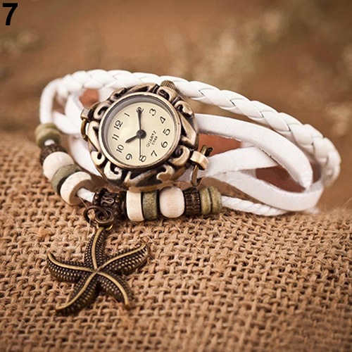 Woman Girl Vintage Leather Bracelet Starfish Decoration Quartz Wrist Watch 2EGP