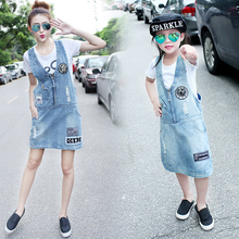 2016 mother daughter matching dresses summer style mommy and me clothes women grey white blue denim patchwork casual loose dress