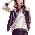 2016 Autumn Jacket Women New Fashion Stand Collar Baseball uniform Patchwork PU Bomber Jacket Women Basic