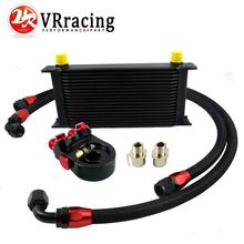 VR – Universal 19ROWS OIL COOLER ENGINE KIT +AN10 oil Sandwich Plate Adapte with Thermostat +2PCS NYLON BRAIDED HOSE LINE BLACK
