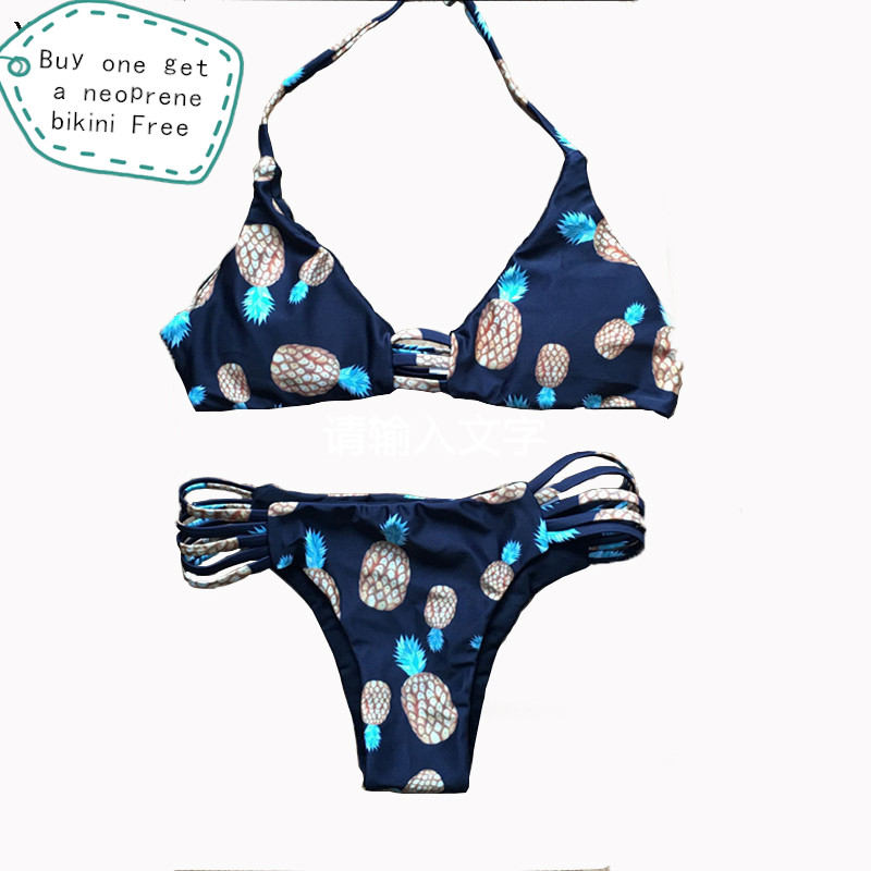 2016 Sexy Women Brazilian Pineapple Print Halter Bikini Bathing Suits Swimsuit for Girls High Neck Low Waist Bikinis Push Up YX