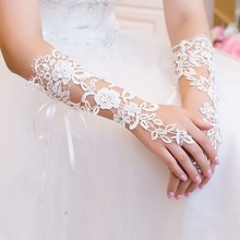 2016 Romantic Lace Wedding Gloves Fingerless Lace White To Elbow Bridal Gloves White With Bow Wedding Accessories