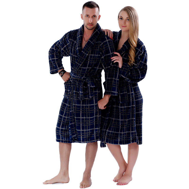 New Couples Coral Fleece Bath Robe Navy Plaid Nightgown Sleepwear Plus Size Bathrobe Dressing Gown For Men Women