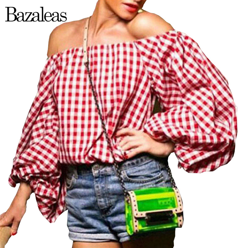 2016 Women font b Tartan b font Red Sexy Blusas Off Shoulder Lantern Sleeve Tops