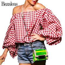 2016 Women Tartan Red Sexy Blusas Off Shoulder Lantern Sleeve Tops