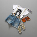 2016 Hot Selling Girl Summer Clothing Sets White Simple T Shirt And Denim Bib 2 piece
