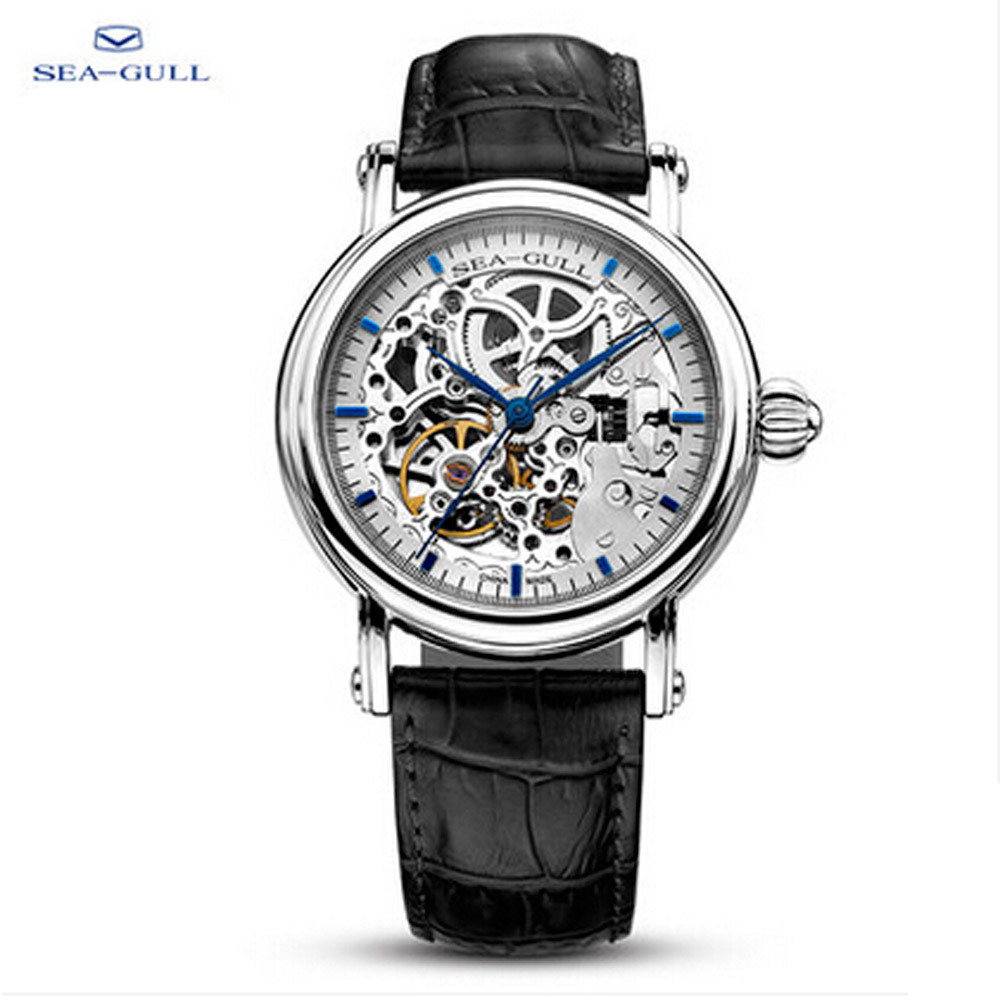 original seagull black genuine leather 50m waterproof transparent dial automatic Mechanical men Skeleton watch