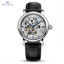 Gaviota original , negro cuero genuino 50 m transparente a prueba de agua dial hombres mecánicos reloj esqueleto automática