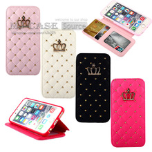 PU Leather Flip Leather Wallet Case Stand Protective Cover Accessories Case For Samsung Galaxy S6 G9200 Diamond Bling Crown