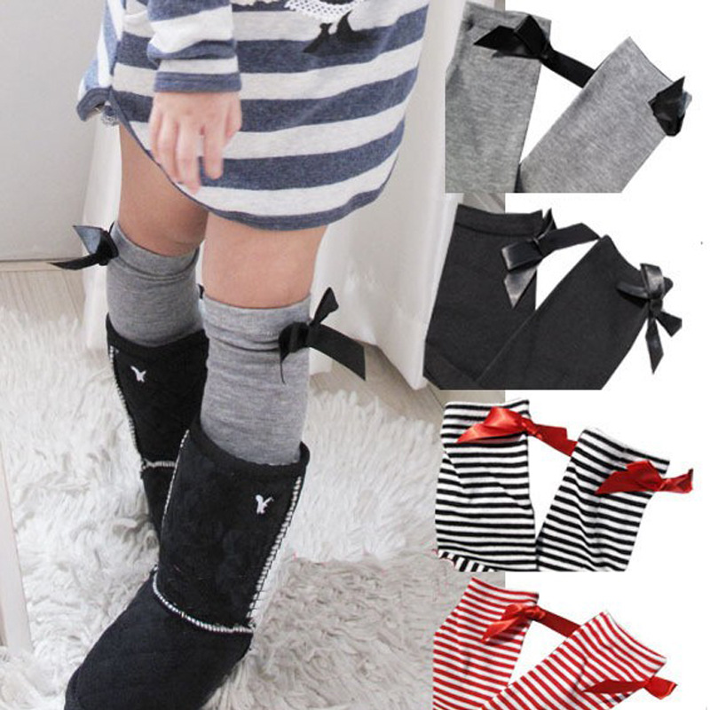 free size 2 8 year toddler kids Children striped cotton socks bowknot knee high baby socks