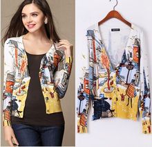2016 spring and autumn new European and American women’s fashion printed long-sleeved cardigan sweater Eiffel Tower sweater coat