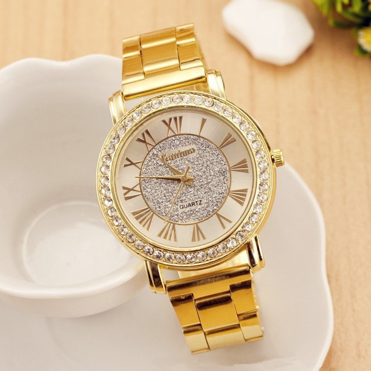 Luxury Women Watch 2015 New Fashion Gold Grind arenaceous dial Rhinestone Quartz watch Men Casual Wristwatch