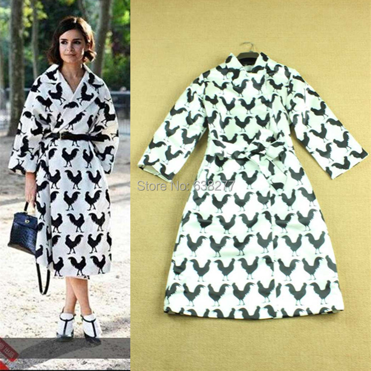 New Fashion hot selling 2014 autumn long sleeve chicken pattern printed long desigual coat with belt for women L19033