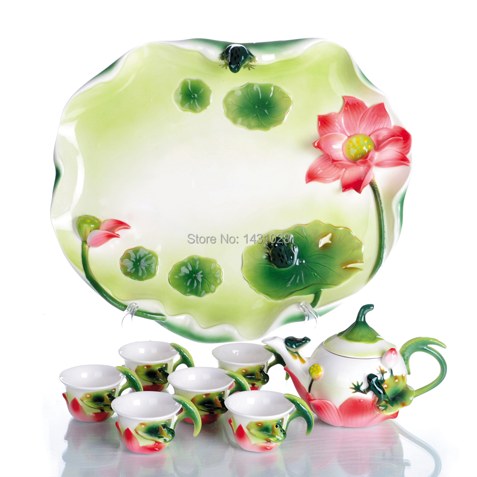 Lotus Pond Home Dining Drinkware Tea Sets color Porcelain enamel 8 pcs Sets Frog Tea cup
