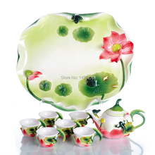 Lotus Pond Home Dining Drinkware Tea Sets color Porcelain enamel 8 pcs Sets Frog Tea cup Kung Fu tea tray ceramic Gift Sets