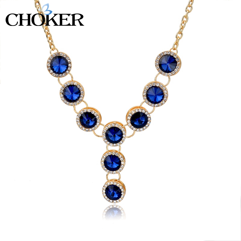 Luxury Pendants Famous Brand Gold Chain Collar Necklace Blue Gems Rhinestone Maxi Necklaces  For Women Wedding Jewelry SNE150828