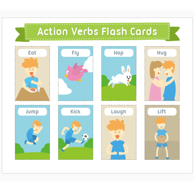 4pcs Set English Action Verbs Word Cards A4 Flash Card Preschool