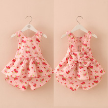 2016 Newborn Set Baby Girl Clothes summer strawberry bow child spaghetti strap shorts set Vest + shorts clothing sets