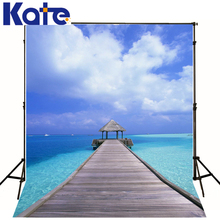 Lover Theme Backdrop White Clouds Blue Sky Children Photo Background Sea Wooden Bridge Digital Studio Background