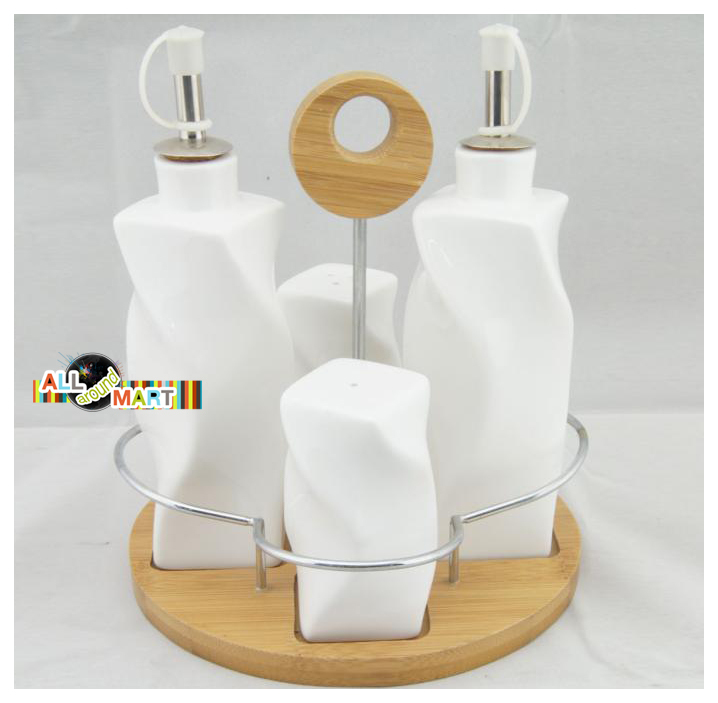 Vintage 5 piece Oil & Vinegar & Salt & Pepper Ceramic Cruet Set, with