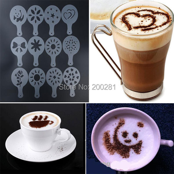 12Pcs set Creative Nice Coffee Barista Stencils Template Cappuccino Coffee Barista Stencil Template Strew Pad Duster