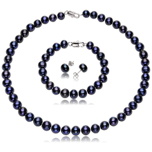 Women’s Freshwater Pearl Jewelry Sets with 9-10MM Black Pearl Necklace and 925 Sterling Silver Earrings Fine Jewelry